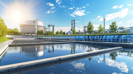 Industrial water treatment plant with blue sky. Clean water management infrastructure and technology.