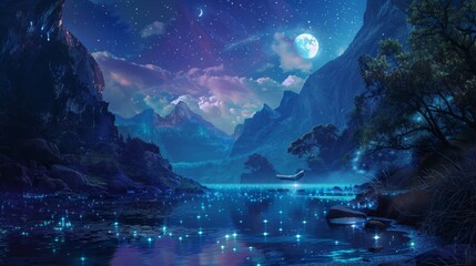 Mystical Mountain Lake Under Starry Sky