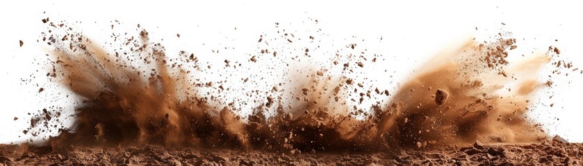 Close up of brown dirt exploding against a white background.
