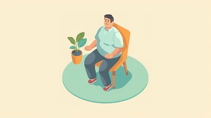 Man sitting in chair, looking to the side, with a plant in a pot beside him.