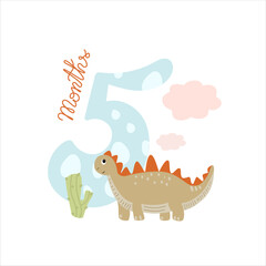 Three months Baby milestone card for newborn with a cute dino