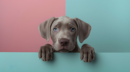 Cute grey Weimaraner with a curious expression peeking over the pastel blue and pink wall against a simple studio background.