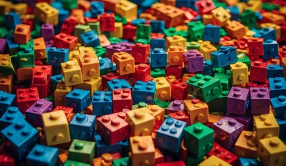 Multicolored plastic building blocks randomly stacked high.