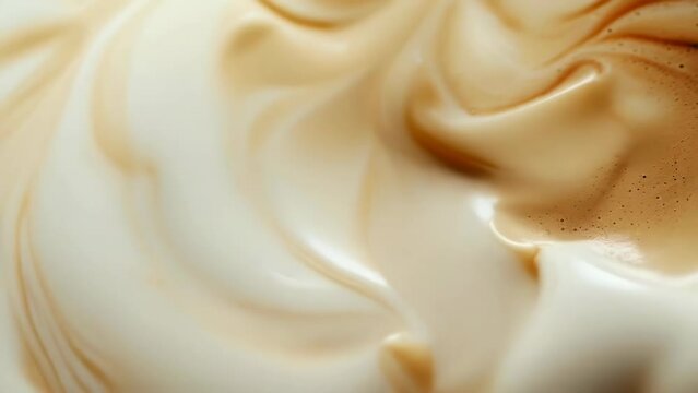 A close-up of a swirling coffee and cream mixture, captured mid-movement. The image highlights the smooth texture and blending of colors, evoking a calming morning coffee ritual.