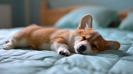 A cute corgi puppy dog is sleeping on a bed in a clean and simple environment, a comfy blanket, cozy beige and white コーギー