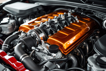 Fototapeta premium Close-up view of a powerful car engine with oil