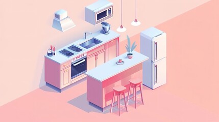 Minimalist flat design of a premium kitchen with extravagant appliances and opulent finishes, representing luxury interiors and exclusivity, with copy space for text