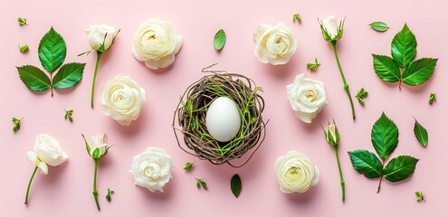 A white egg in a nest surrounded by white flowers and green leaves photographed on a pink background
