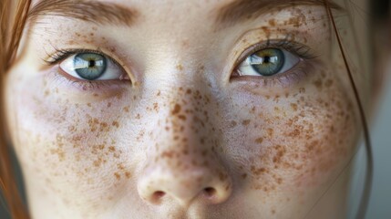 Close-up portrait of a woman with distinctive freckles on her face