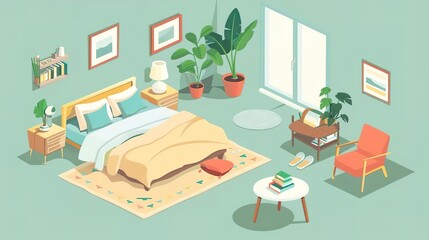 Isometric illustration of a cozy bedroom with a bed, nightstand, armchair, and plants.