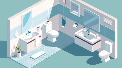 Isometric view of a modern bathroom with two sinks, toilets, and a shower.