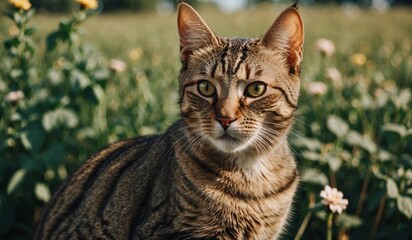 Close-up of a brown tabby cat in a green field with flowers.