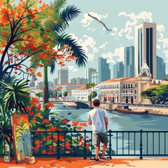 Fototapeta premium Colorful Minimalist Illustration of Recife's Marco Zero