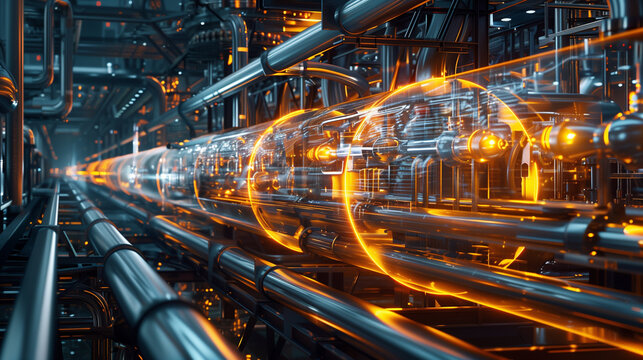 Technological transparent energy shell and tube heat exchanger with futuristic pipes with energy and fuel equipment in oil refinery