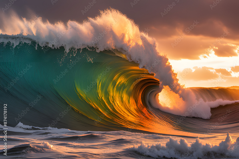 Wall mural a tempestuous scene unfolds on the ocean canvas. a powerful wave, its crest ablaze with vibrant hues