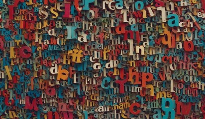 Collage of numerous layered tiny letters creating art.