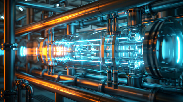 Technological transparent energy shell and tube heat exchanger with futuristic pipes with energy and fuel equipment in oil refinery