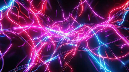 Energetic display of intersecting neon electric currents against a pitch-black background, resembling a high-voltage network.