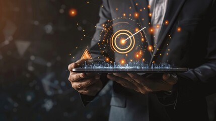 A businessman holds a 3D target icon while a laptop shows a digital growth graph with an arrow rising from 2024 to 2025, indicating successful investments