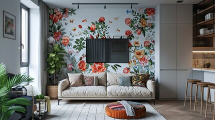 Apartment with floral wallpaper