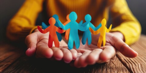 A person holding multiple paper people, possibly representing relationships or social connections