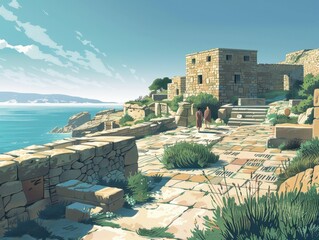 Colorful Minimalist Illustration of Punic Ruins of Kerkouane

