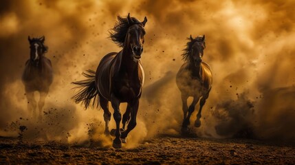 Naklejka premium Horses Running Through Dust
