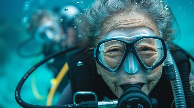 An old Asian lady underwater, wearing a scuba diving suit. Happy active elderly. Grandparents Day