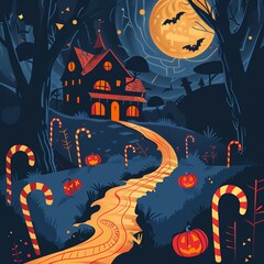 Spooky Halloween castle with cobblestone path, jack-o-lanterns, and candy.