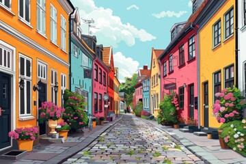 Obraz premium Colorful Minimalist Illustration of Street in Odense