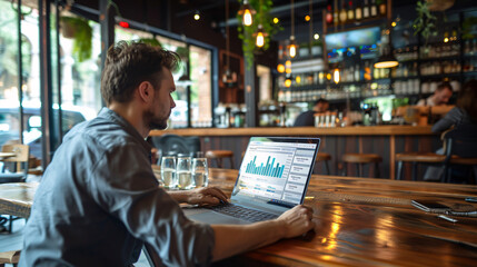 A man working with a laptop computer on a wooden bar in a cafe, embodying business and digital marketing concepts. The scene shows him interacting with a data interface for processing.
