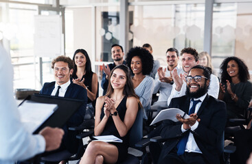 Business, people and applause for happy speech, presenter presentation and corporate training with...