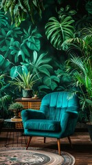 Fototapeta premium Chair and turquoise sofa in green living room interior with leaves wallpaper and table