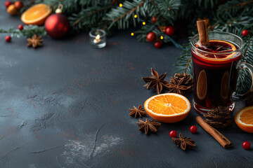 Christmas tree vibe, glass of mulled vine, with natural light, in the style of dark blue stone surface