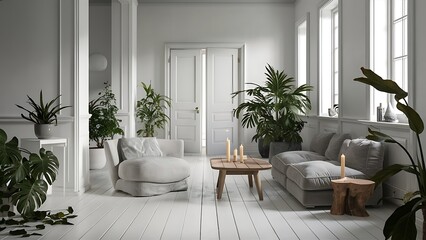 Naklejka premium Plants and carpet in white living room interior with candles next to grey couch