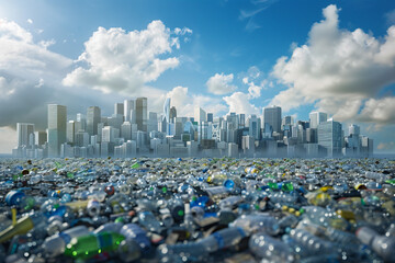 A city with piles of plastic waste that illustrates the enormous environmental pollution.