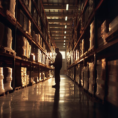 Fototapeta premium Strategic Supply Chain Management: Logistics Expert in Distribution Center Silhouette at Dusk