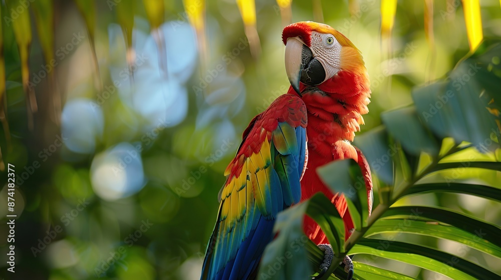 Poster scarlet macaw in lush tropical rainforest