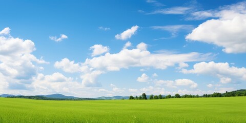Scenic landscape of a lush green field under a vast blue sky with fluffy white clouds and distant hills
