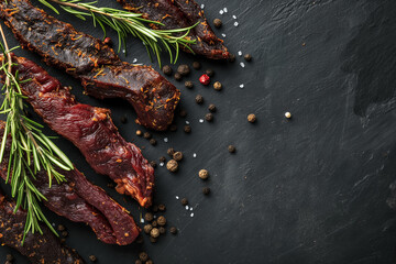 Dried meet, beef, jerky, Billtong, rosmary, black charcoal background