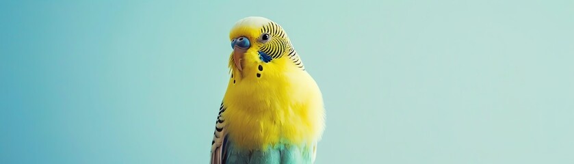 Close-up of a yellow budgie on a blue background.