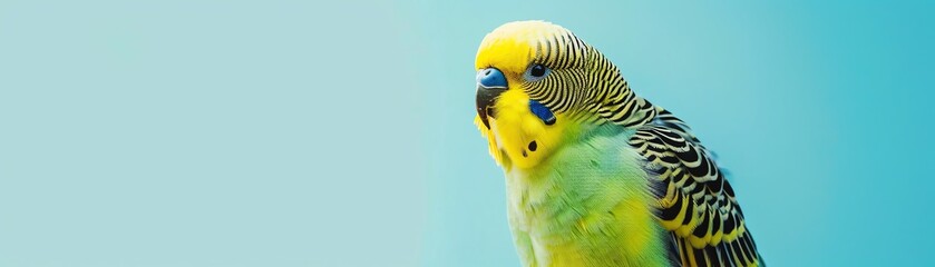 Fototapeta premium Close-up of a vibrant green and yellow budgie, its head turned slightly, with a soft blue background.