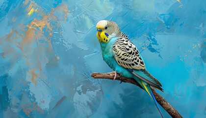 A small green and yellow budgie perched on a branch, with a blurred blue background.