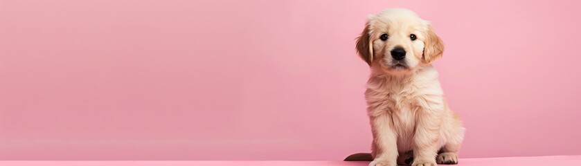 Golden retriever puppy sitting, pastel pink background, detailed fur, bright eyes, realistic photography
