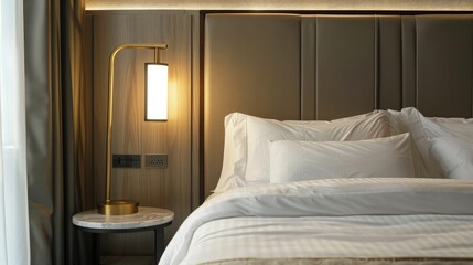 Luxury modern bedroom with comfortable bed, pillow, and electric lamp.