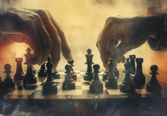hands playing chess, in the style of light leaks, modern design, work on paper, sharp focus,