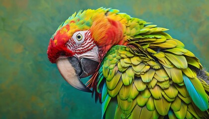 Close-up portrait of a vibrant green and red macaw with a sharp beak.