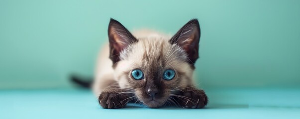 Cute Siamese kitten with blue eyes lying on blue background