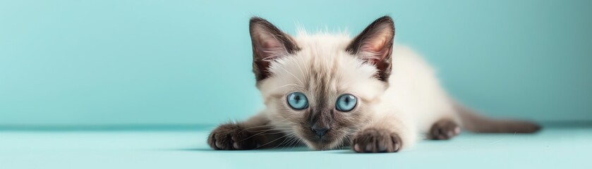 Siamese kitten playing, pastel mint background, blue eyes, detailed fur, realistic photography