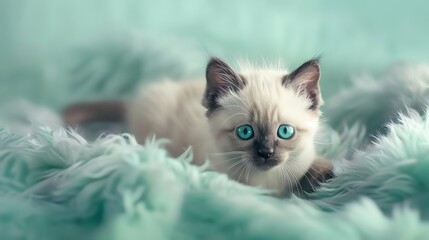 Adorable white kitten with blue eyes lying on a soft green fluffy blanket.